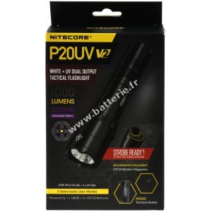 Nitecore P20UV V2 lampe de poche tactique - max. 1000Lumen - lumire blanche & UV